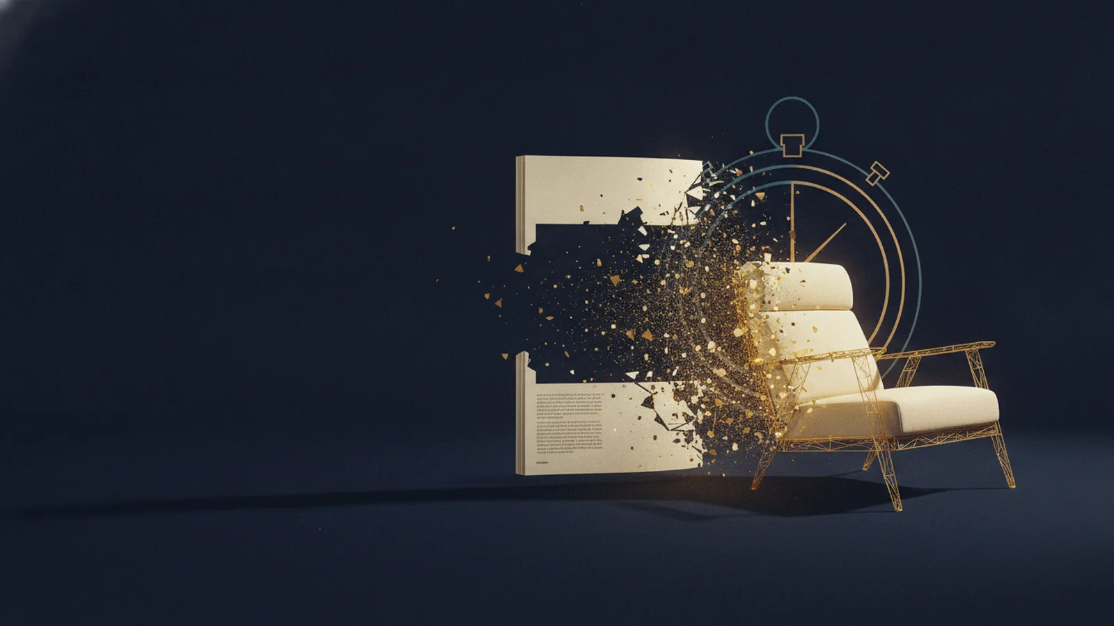 Illustration of a furniture catalog page dissolving into gold data points that reassemble into a single highlighted armchair, with a stopwatch motif