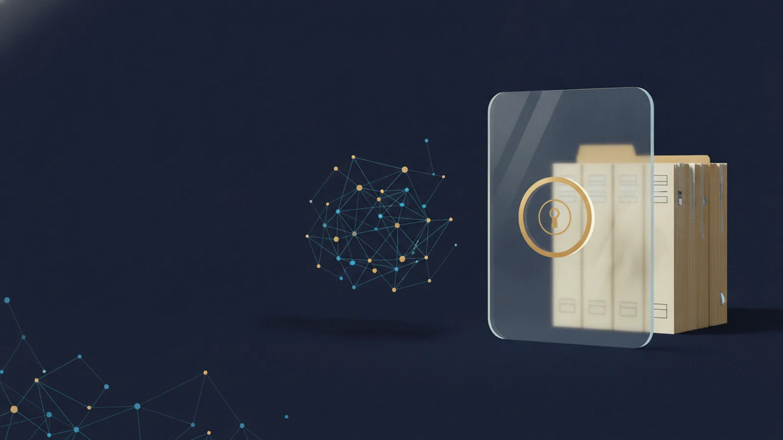 Illustration of legal case folders sealed behind a glass vault door with a gold lock, an AI network mesh kept outside