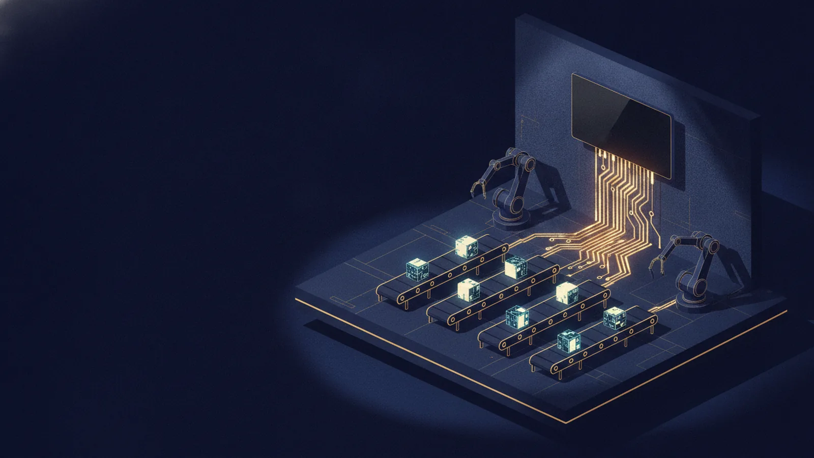Isometric illustration of a factory floor where an ERP dashboard sends gold circuit traces to robotic arms and conveyor lines