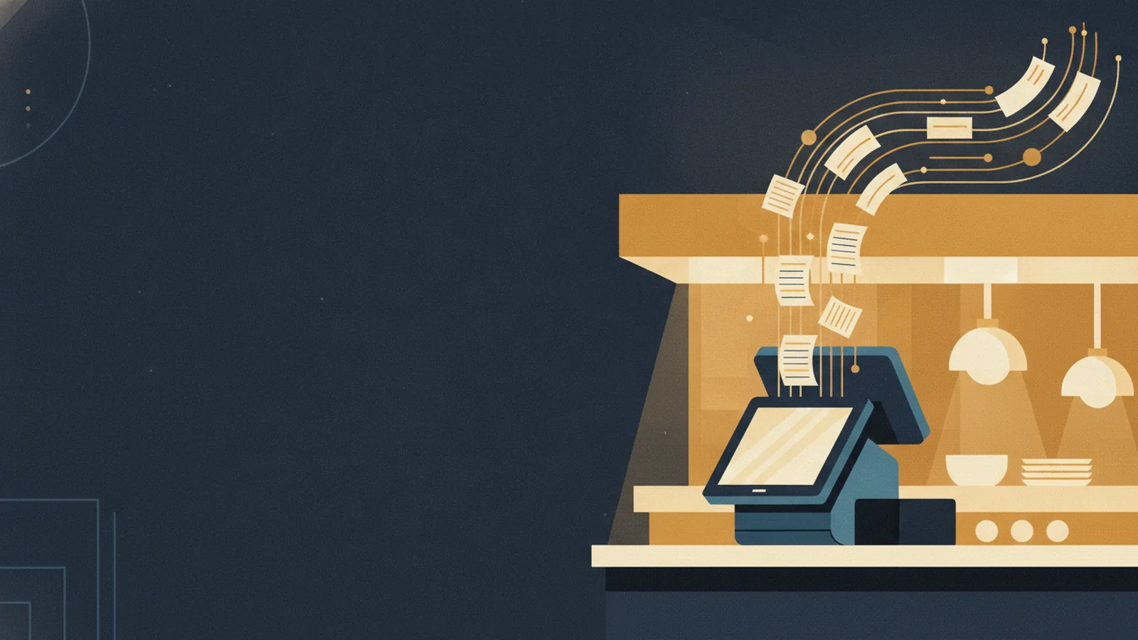 Illustration of a restaurant kitchen pass and POS terminal with paper tickets rising into an orderly gold data stream