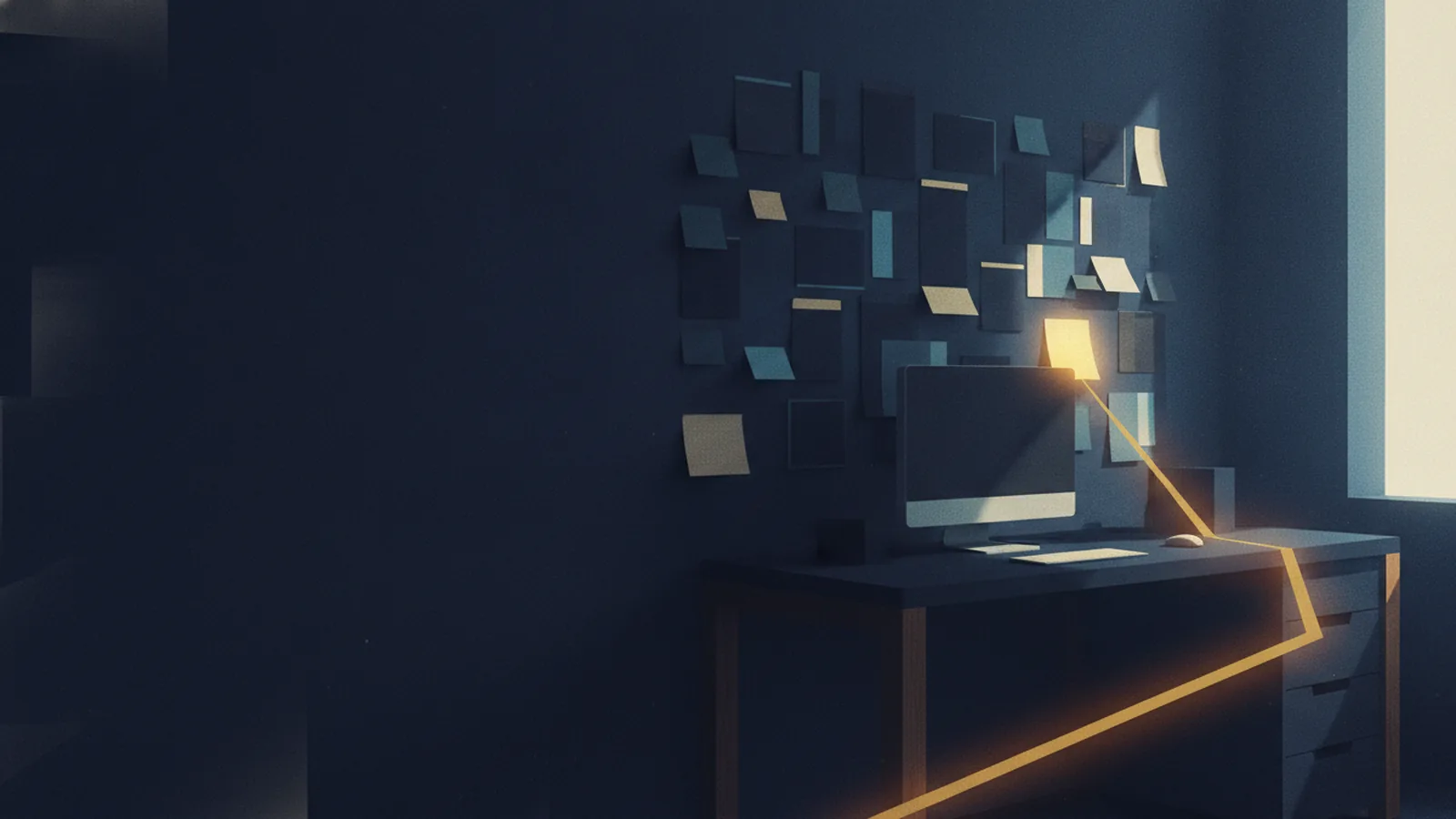 Illustration of a small-business desk at dawn with one sticky note lit in gold among a wall of dim notes