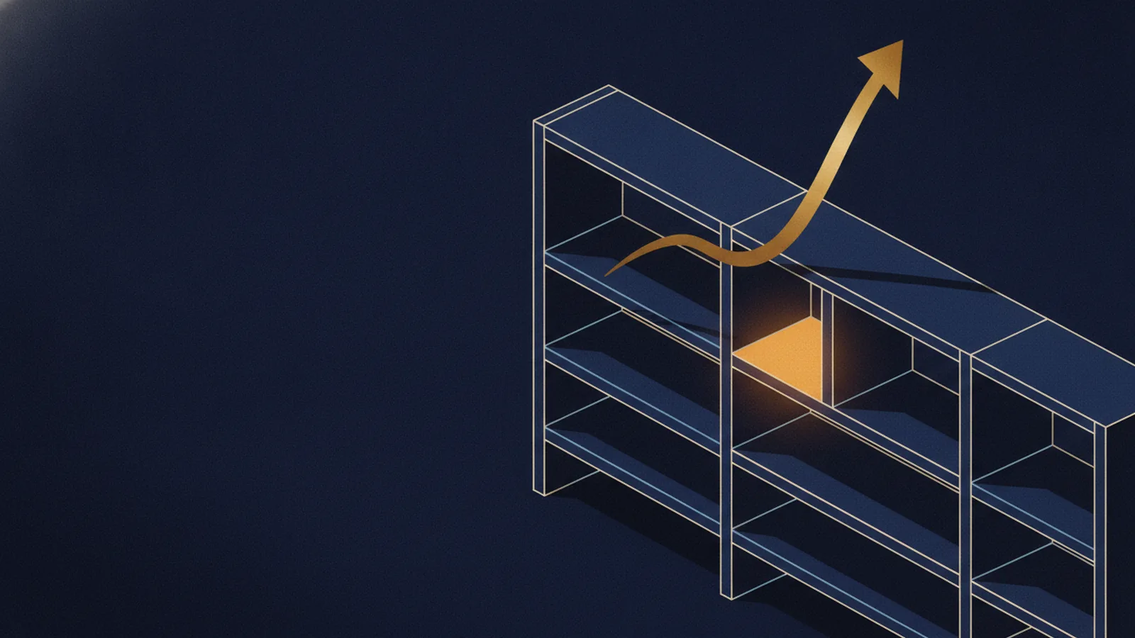 Isometric illustration of warehouse racking with one empty shelf glowing amber and a gold forecast curve rising above it