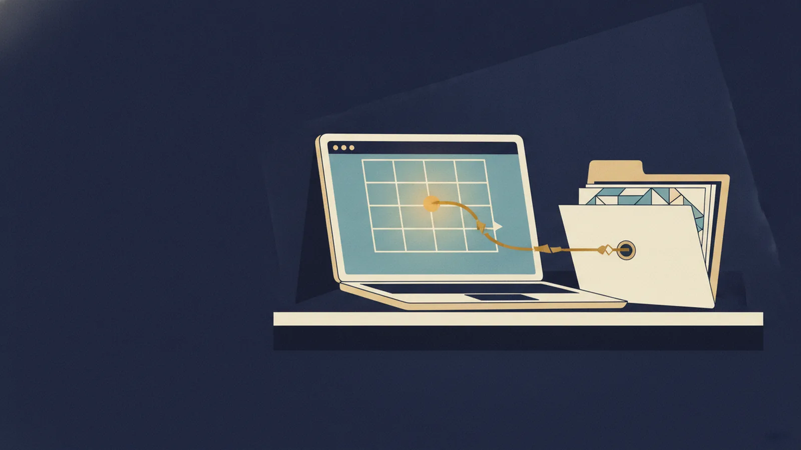 Illustration of a small-business front desk with a laptop open to a blank chat window, a cream folder of reference documents beside it, and a gold thread linking the two