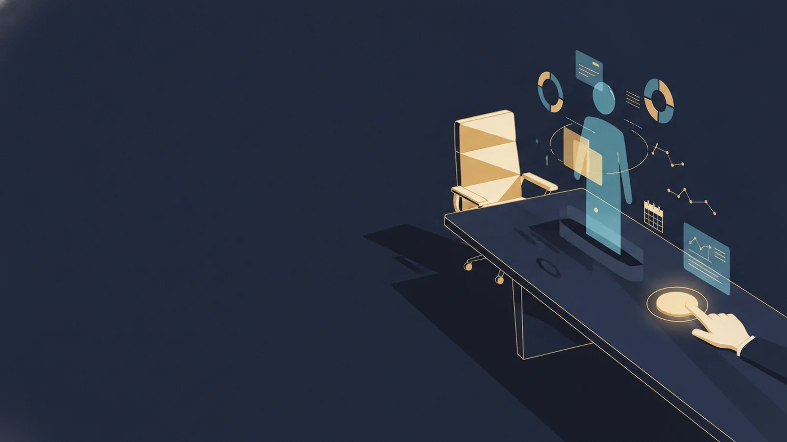 Illustration of a boardroom with an empty executive chair, a holographic AI assistant, and a hand hovering over a gold approve button