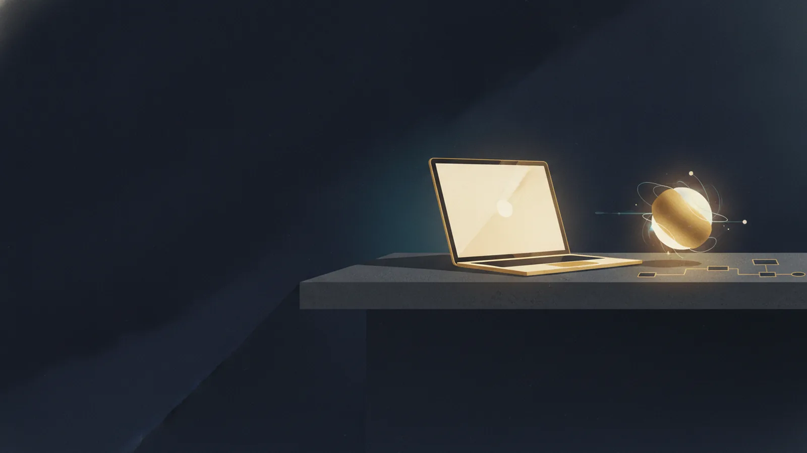 Illustration of a laptop on a shop counter beside a glowing gold AI orb, with a five-step path etched into the counter