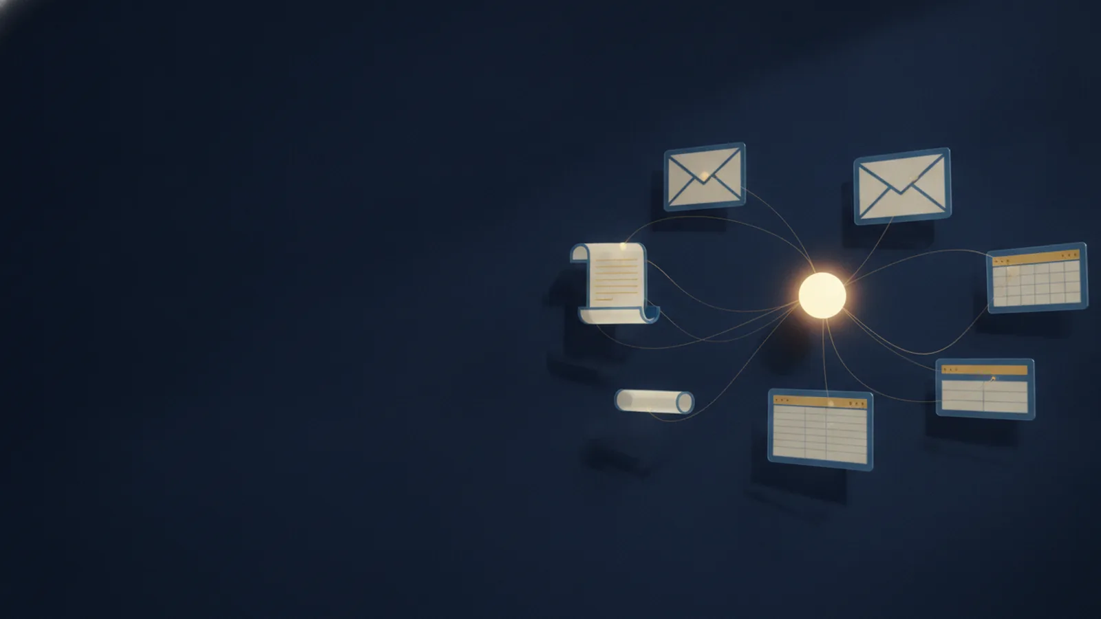Illustration of floating panes for email, documents, and spreadsheets linked by gold threads to a central glowing node