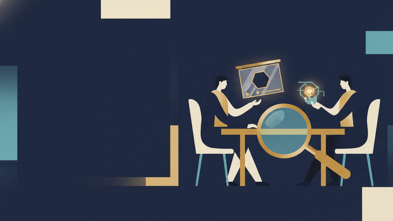 Illustration of two people across a table, one with a hollow slide deck and the other with a small working machine that lights up gold