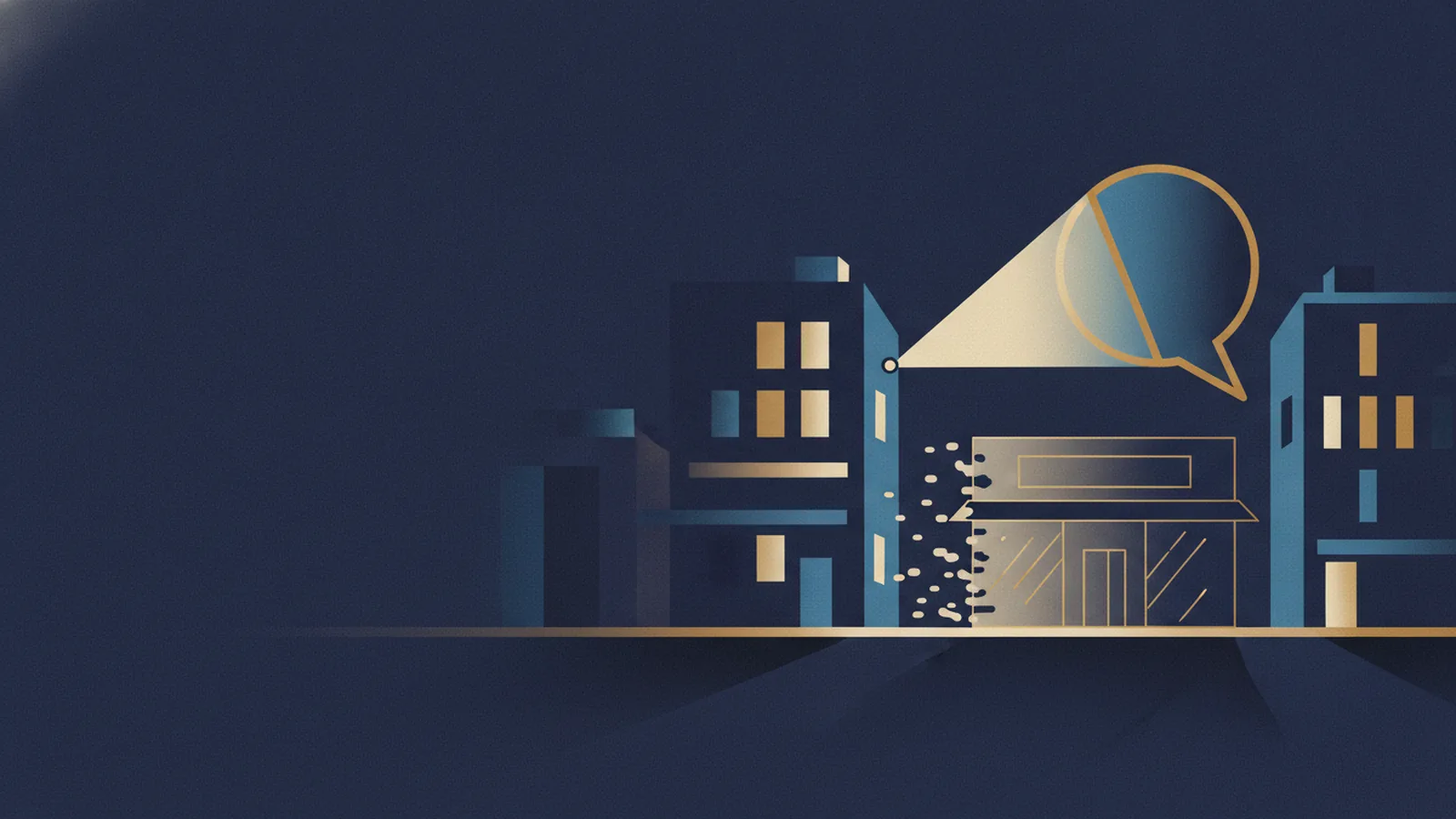 Illustration of a night-time city street where one storefront fades to transparent while a chat-bubble searchlight sweeps past it