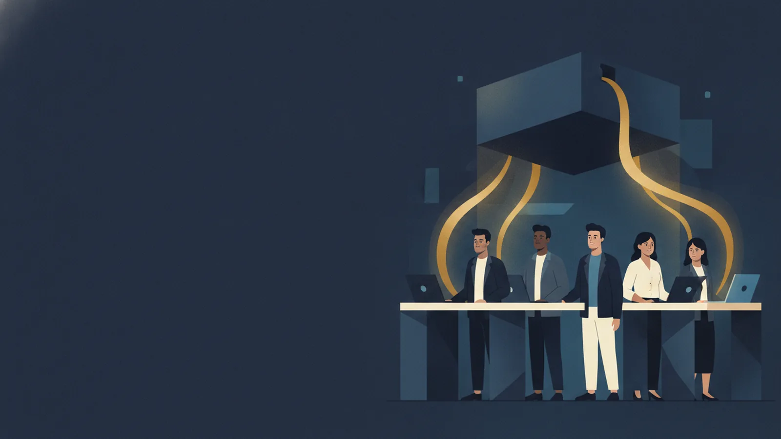 Illustration of a team standing together as a soft gold light lifts a heavy weight off their desks