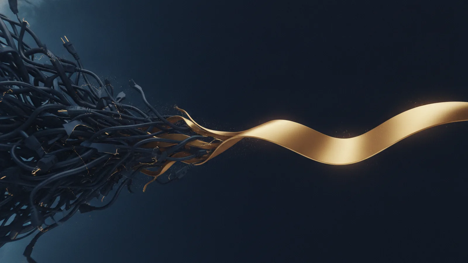 Illustration of a tangle of brittle wires on the left transforming into a single smooth gold ribbon flowing right
